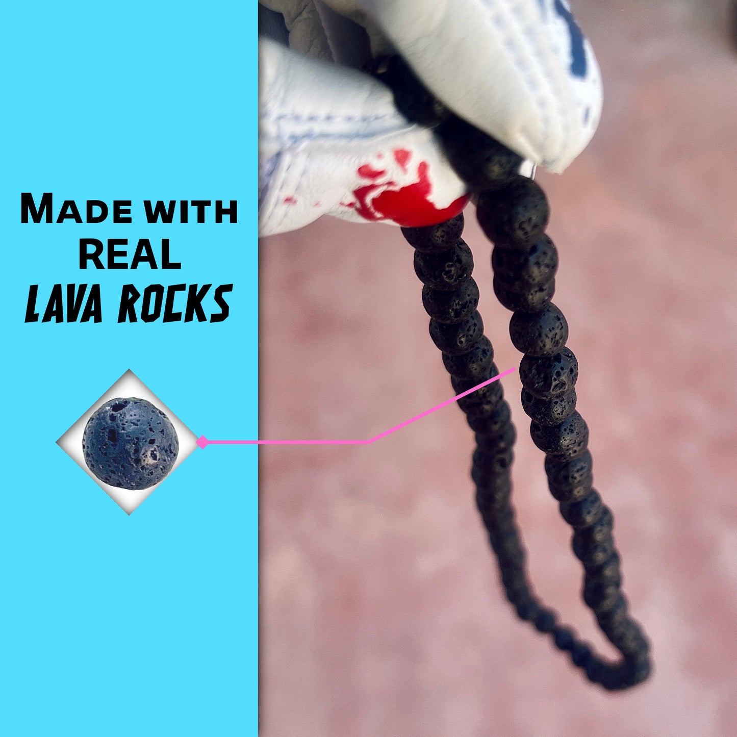 Close-up of black lava rocks on the hand crafted baseball accessory.