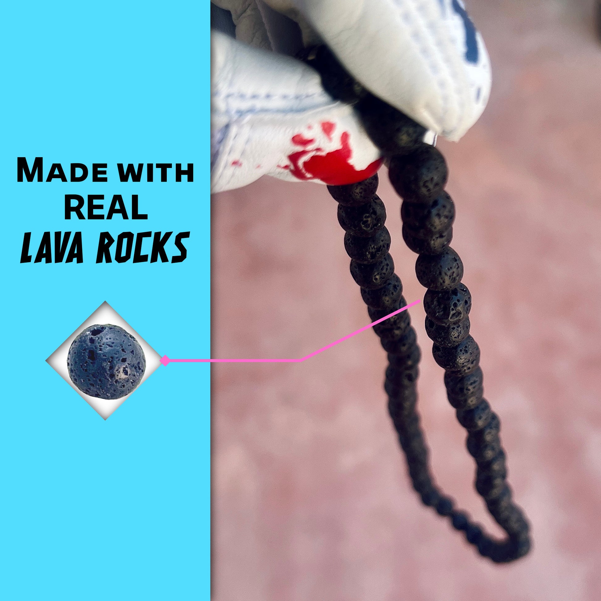 Close-up of black lava rocks on the hand crafted baseball accessory.