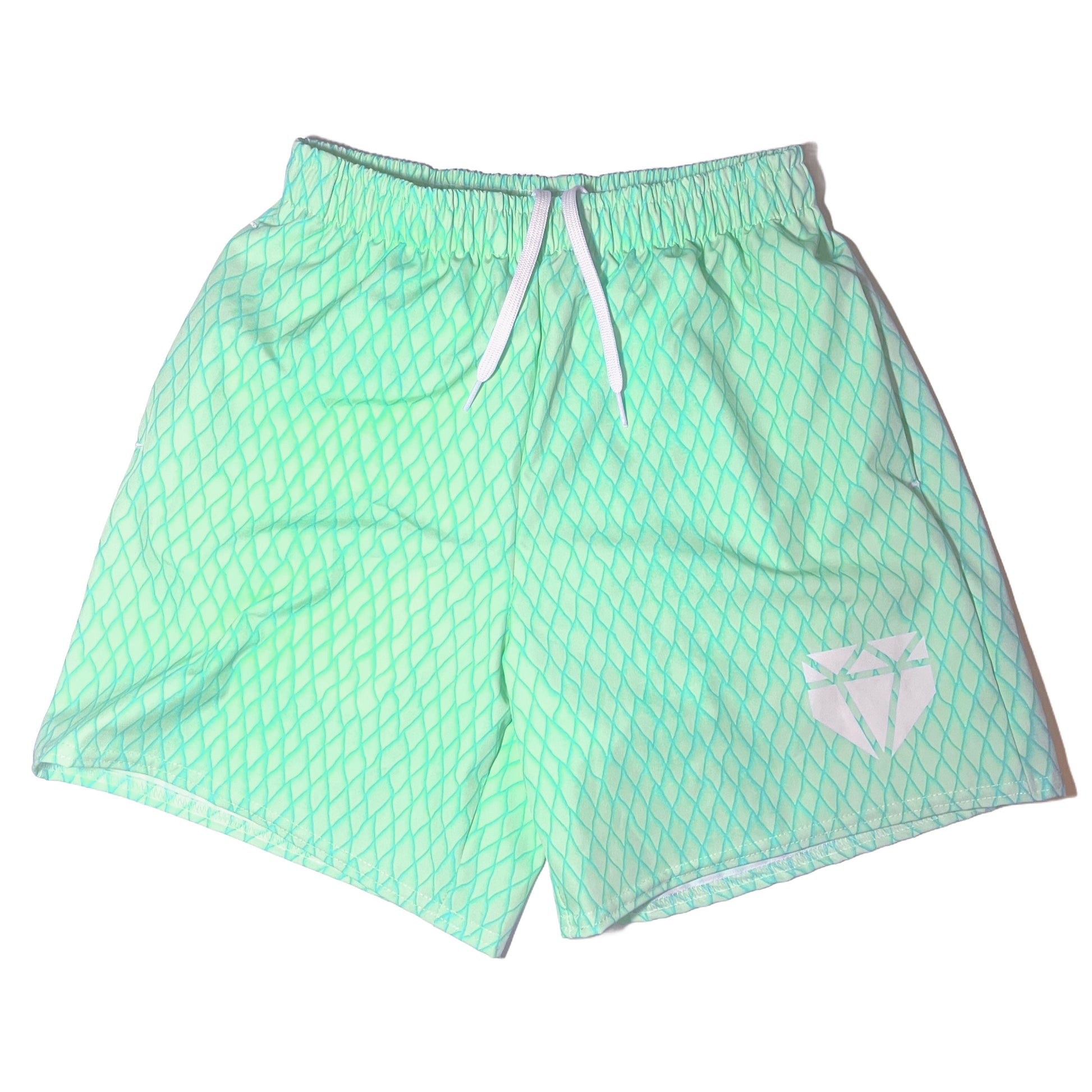 Web Gem training shorts in mint green snakeskin pattern with elastic draw strap built for cage work, gym day, and any athletic or casual situation.