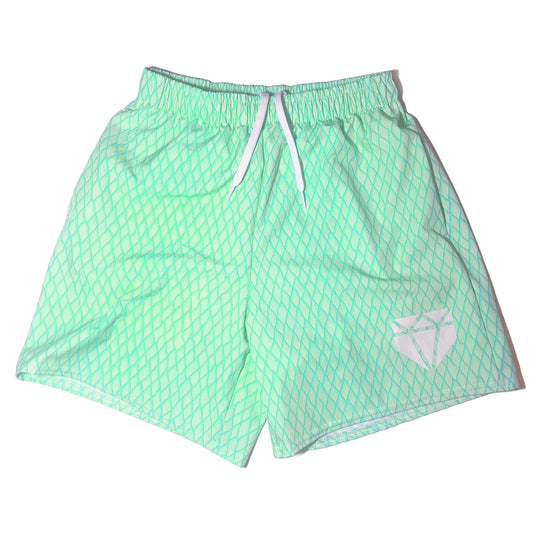 Web Gem training shorts in mint green snakeskin pattern with elastic draw strap built for cage work, gym day, and any athletic or casual situation.