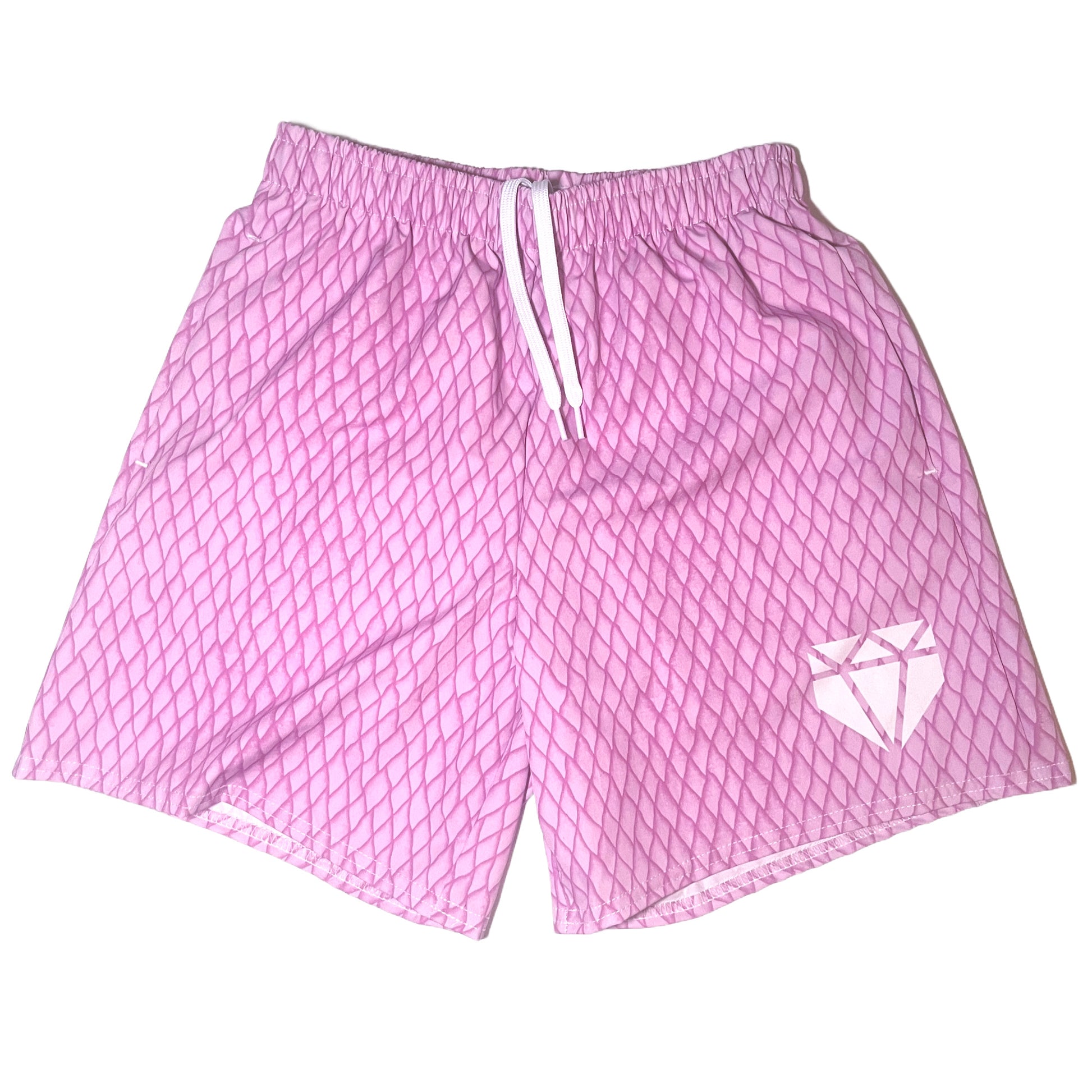 Web Gem training shorts in pink snakeskin pattern with elastic draw strap built for cage work, gym day, and any athletic or casual situation.