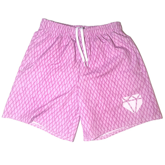 Web Gem training shorts in pink snakeskin pattern with elastic draw strap built for cage work, gym day, and any athletic or casual situation.