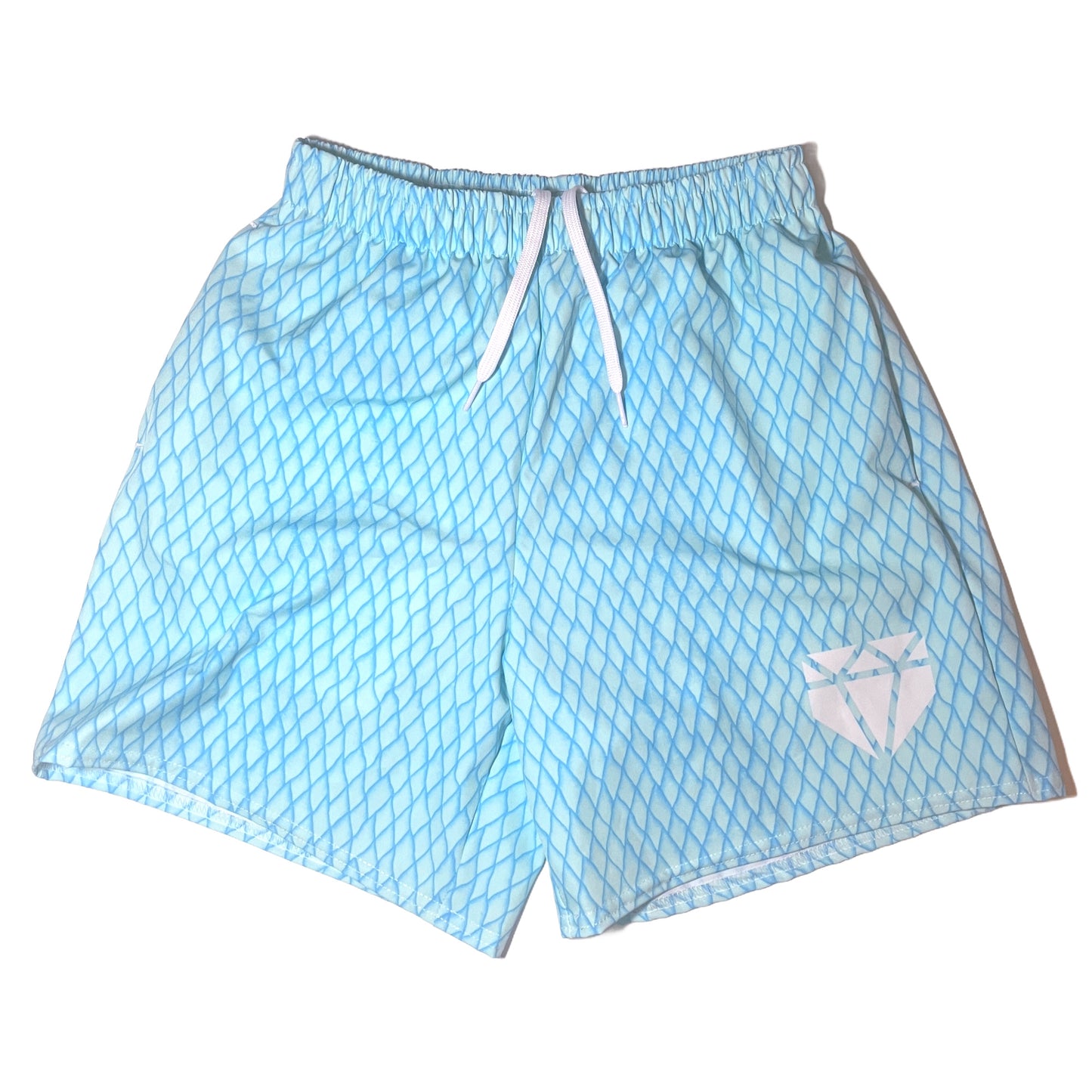 Web Gem training shorts in sky blue snakeskin pattern with elastic draw strap built for cage work, gym day, and any athletic or casual situation.
