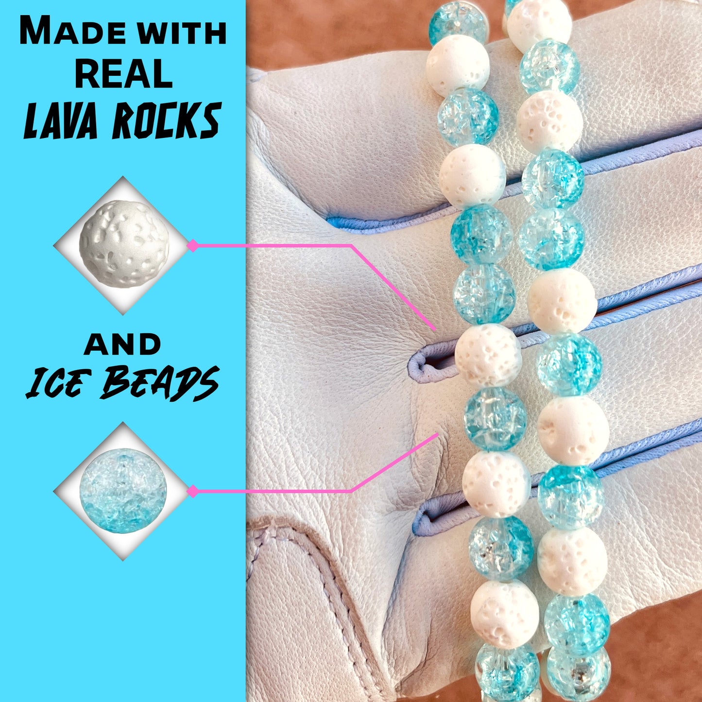 Close-up of white lava rocks and blue ice beads on the hand crafted baseball accessory.