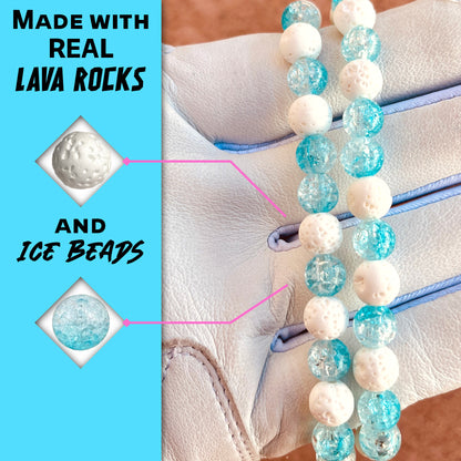 Close-up of white lava rocks and blue ice beads on the hand crafted baseball accessory.
