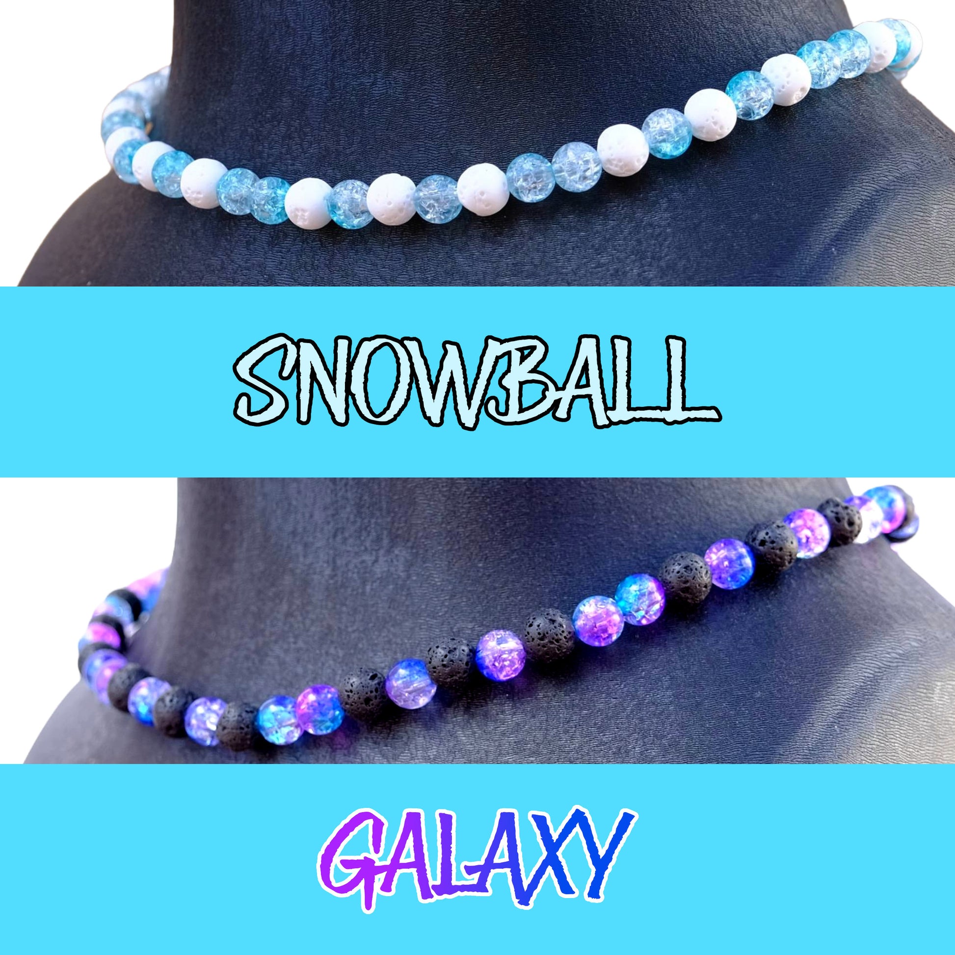 Snowball and Galaxy baseball game-day necklace colorway showcase.