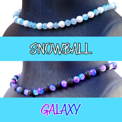 Snowball and Galaxy baseball game-day necklace colorway showcase.
