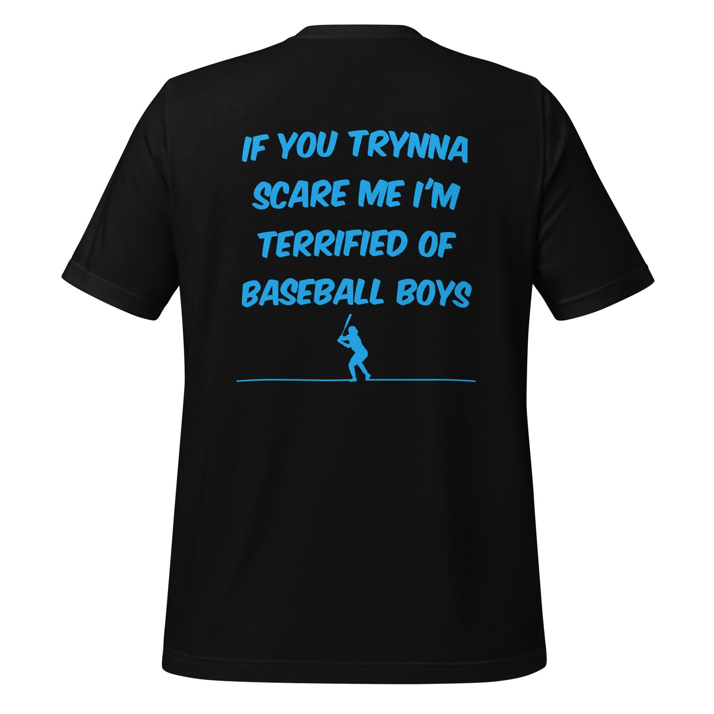 The back of the Terrified of Baseball Boys shirt showing the blue design on black cotton shirt perfect for casual or athletic wear.