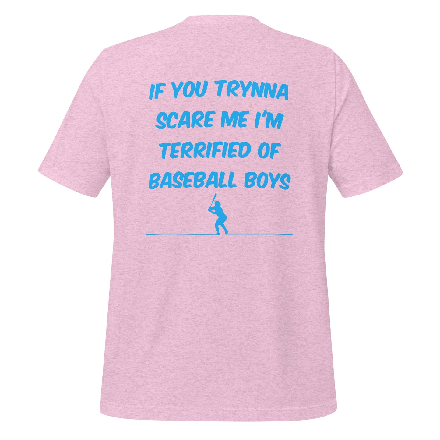 The back of the Terrified of Baseball Boys shirt showing the blue design on lilac cotton shirt perfect for casual or athletic wear.