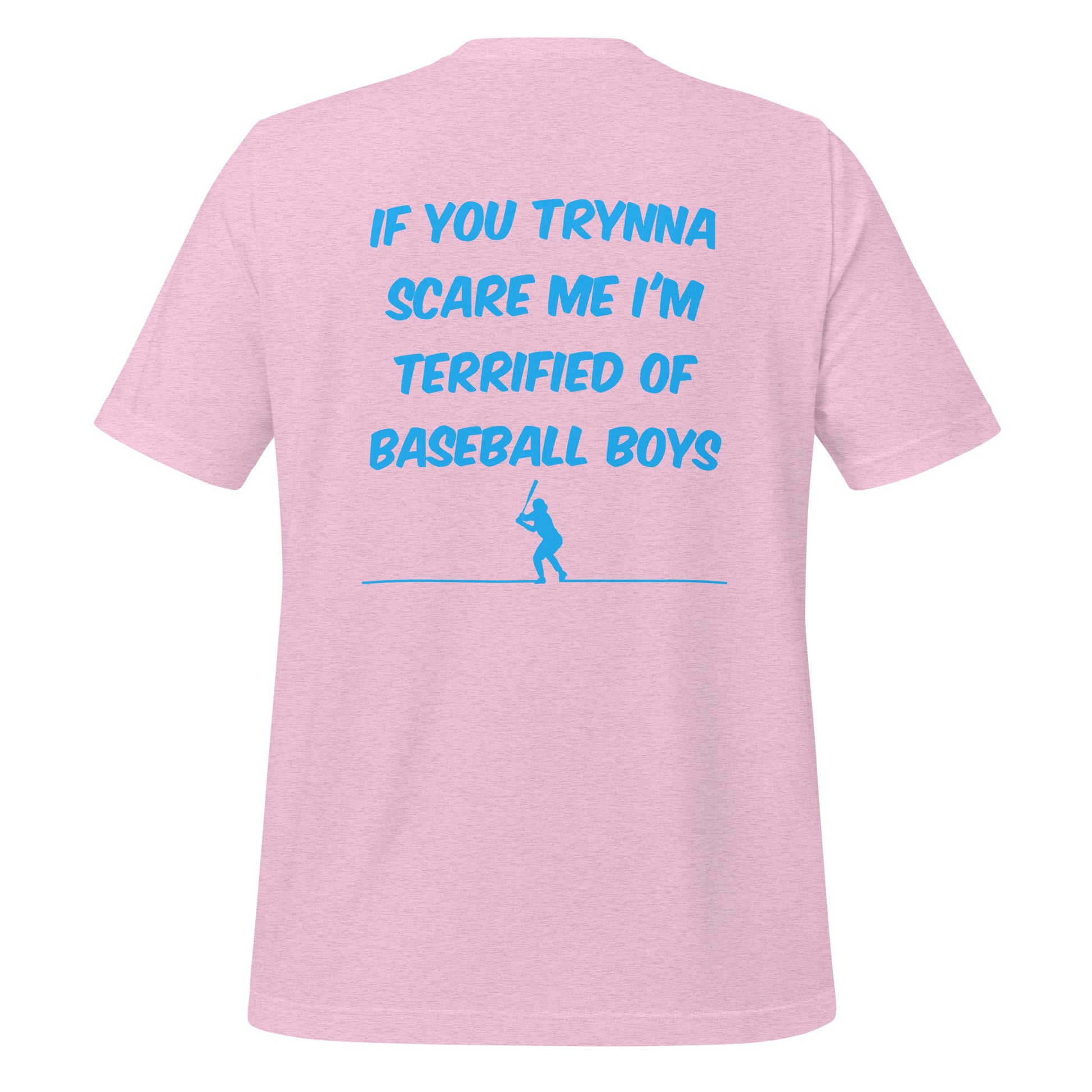 The back of the Terrified of Baseball Boys shirt showing the blue design on lilac cotton shirt perfect for casual or athletic wear.