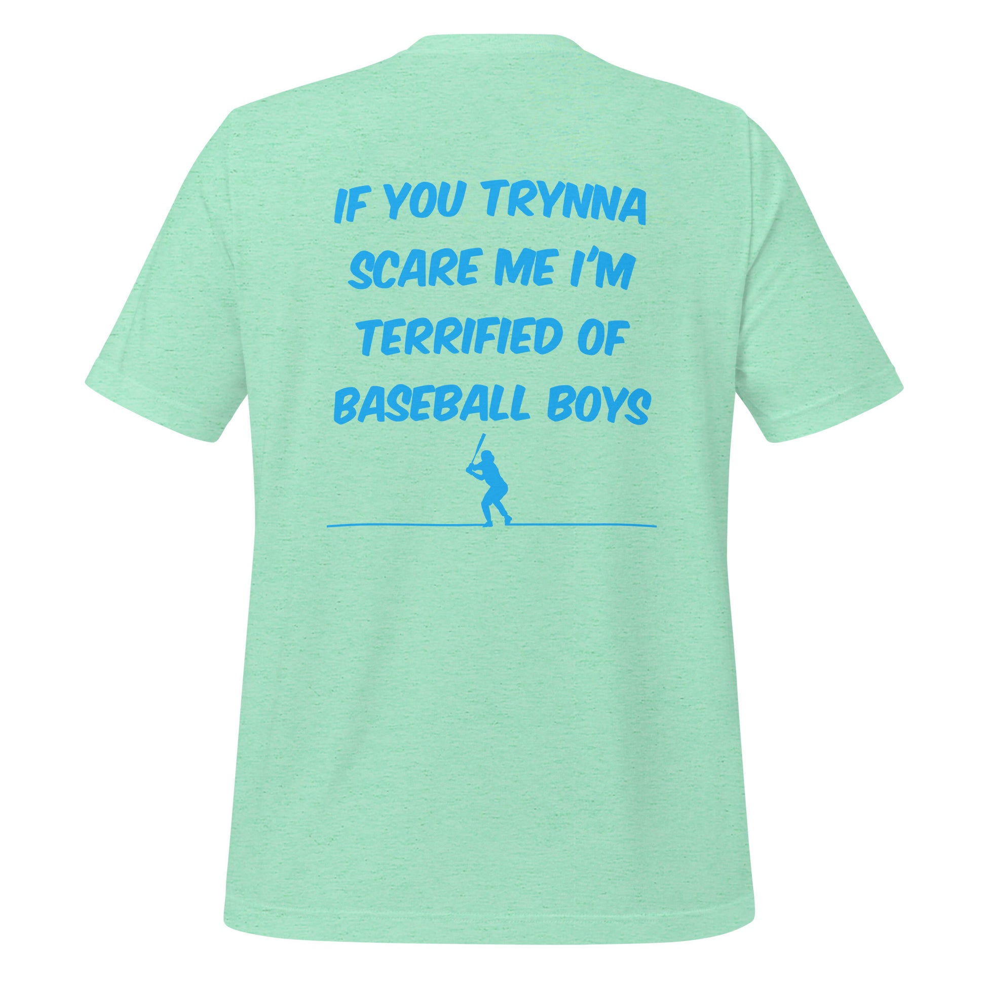The back of the Terrified of Baseball Boys shirt showing the blue design on mint cotton shirt perfect for casual or athletic wear.