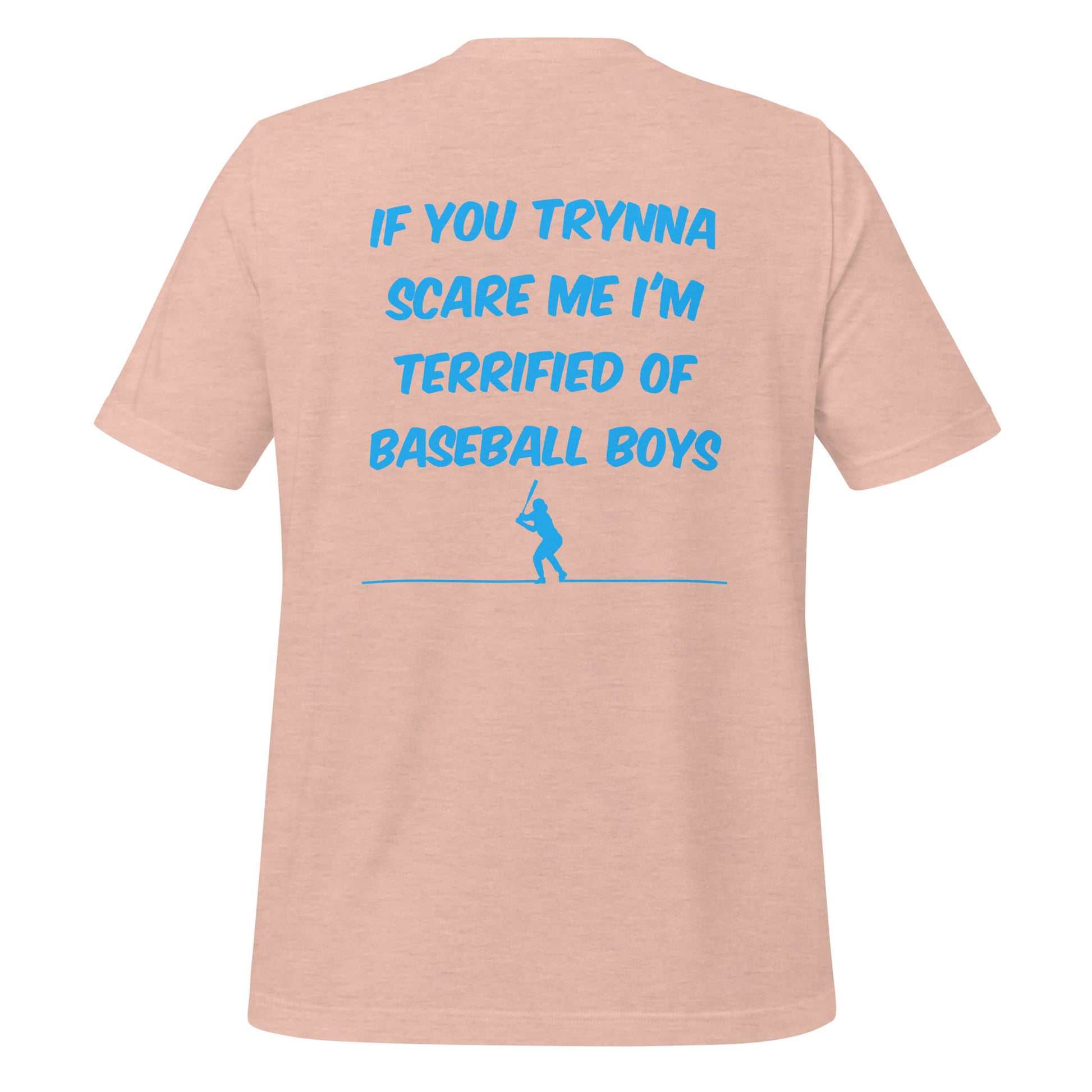 The back of the Terrified of Baseball Boys shirt showing the blue design on peach cotton shirt perfect for casual or athletic wear.