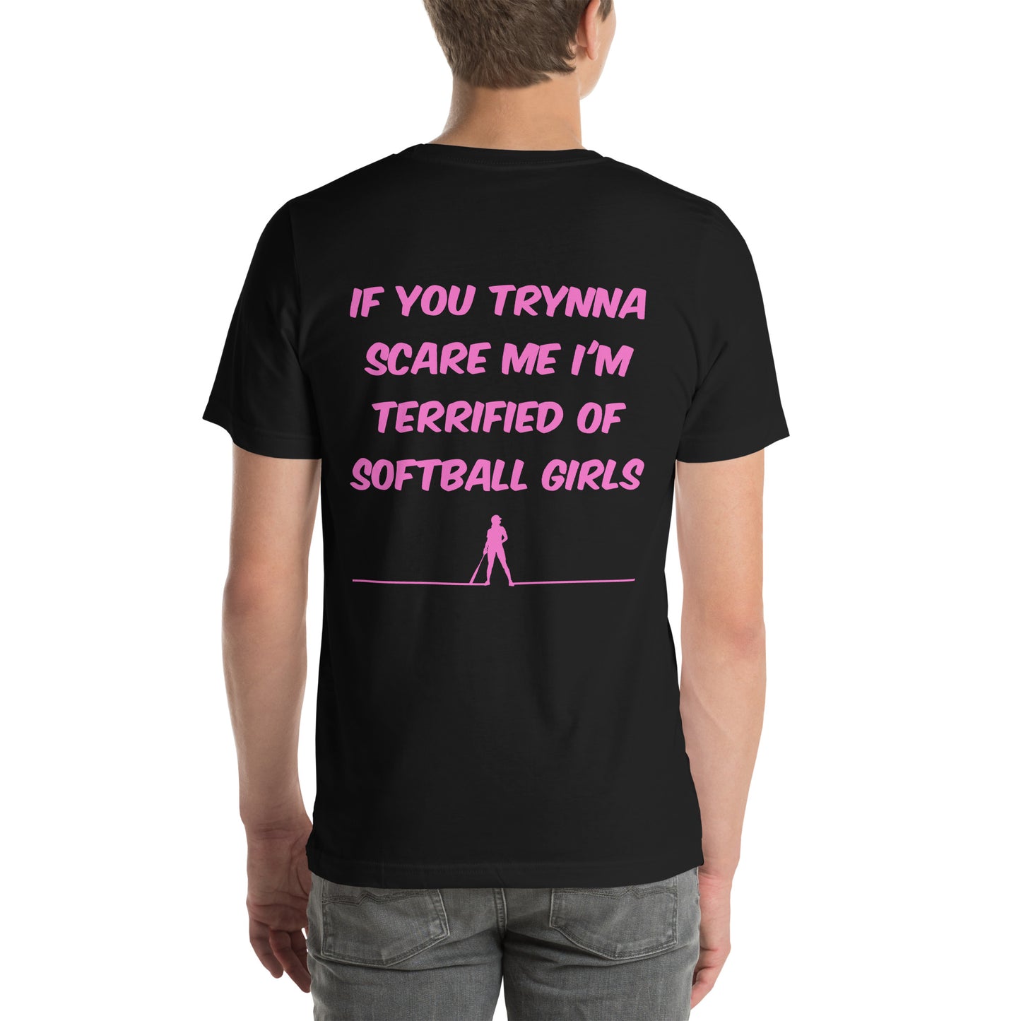 The back of the terrified of Softball Girls shirt showing the pink design on black cotton shirt perfect for casual or athletic wear.