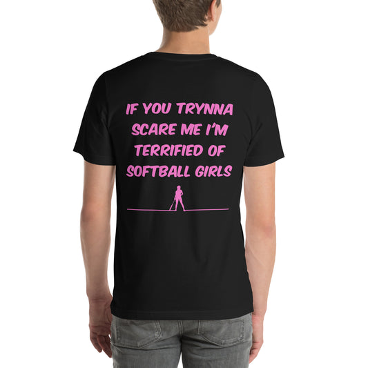 The back of the terrified of Softball Girls shirt showing the pink design on black cotton shirt perfect for casual or athletic wear.