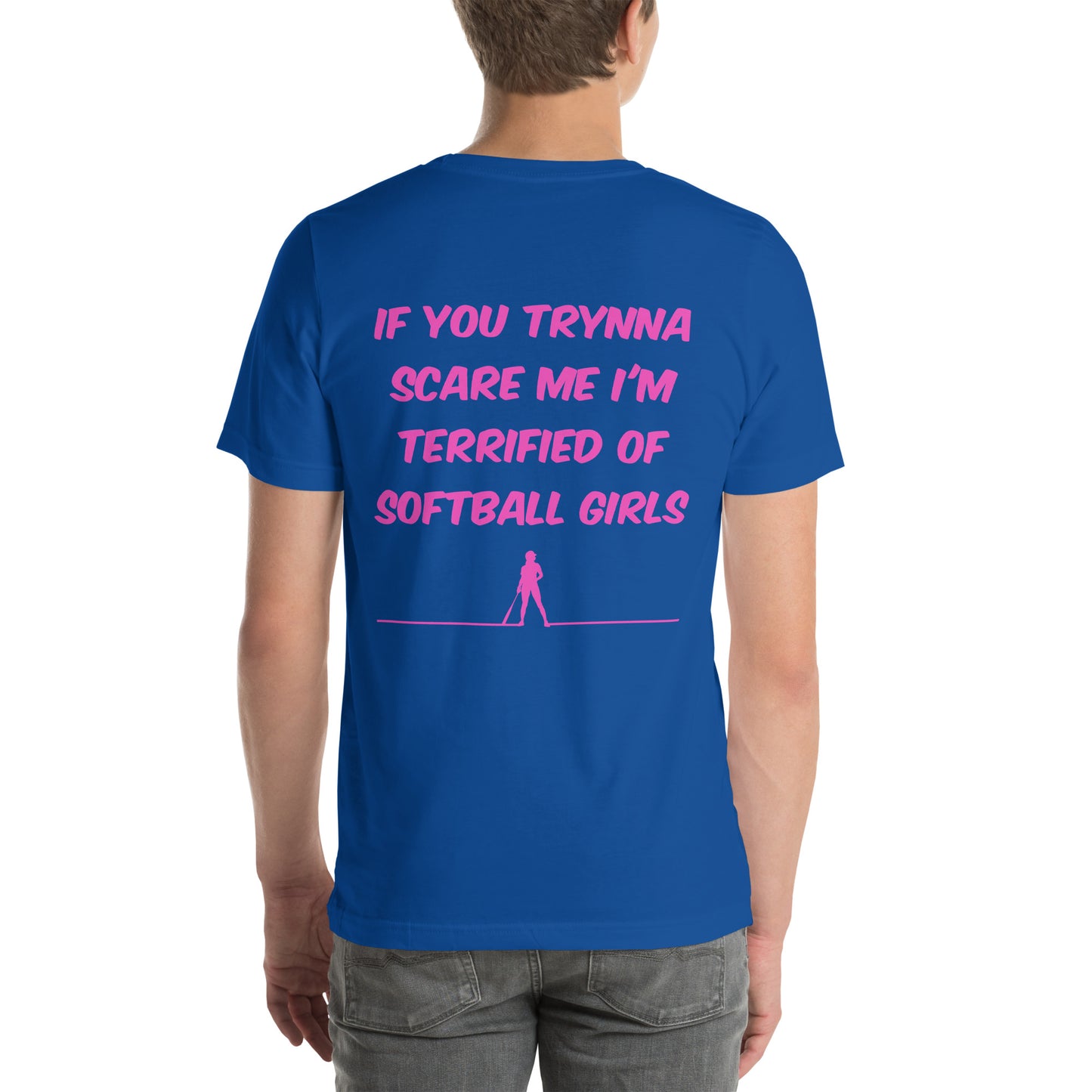 The back of the terrified of Softball Girls shirt showing the pink design on blue cotton shirt perfect for casual or athletic wear.