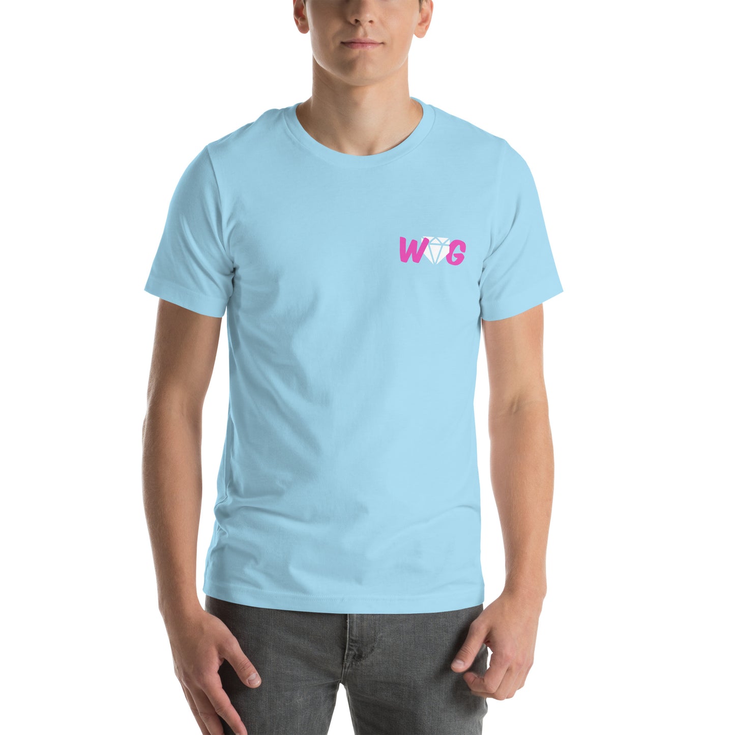 The front of the sky blue shirt showing a stylized Web Gem emblem.