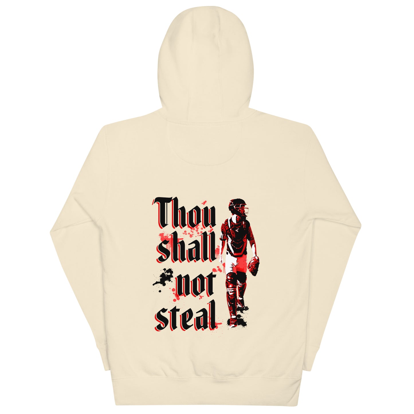 The back of the bone tan hoodie featuring a Bible verse text and catcher graphic.