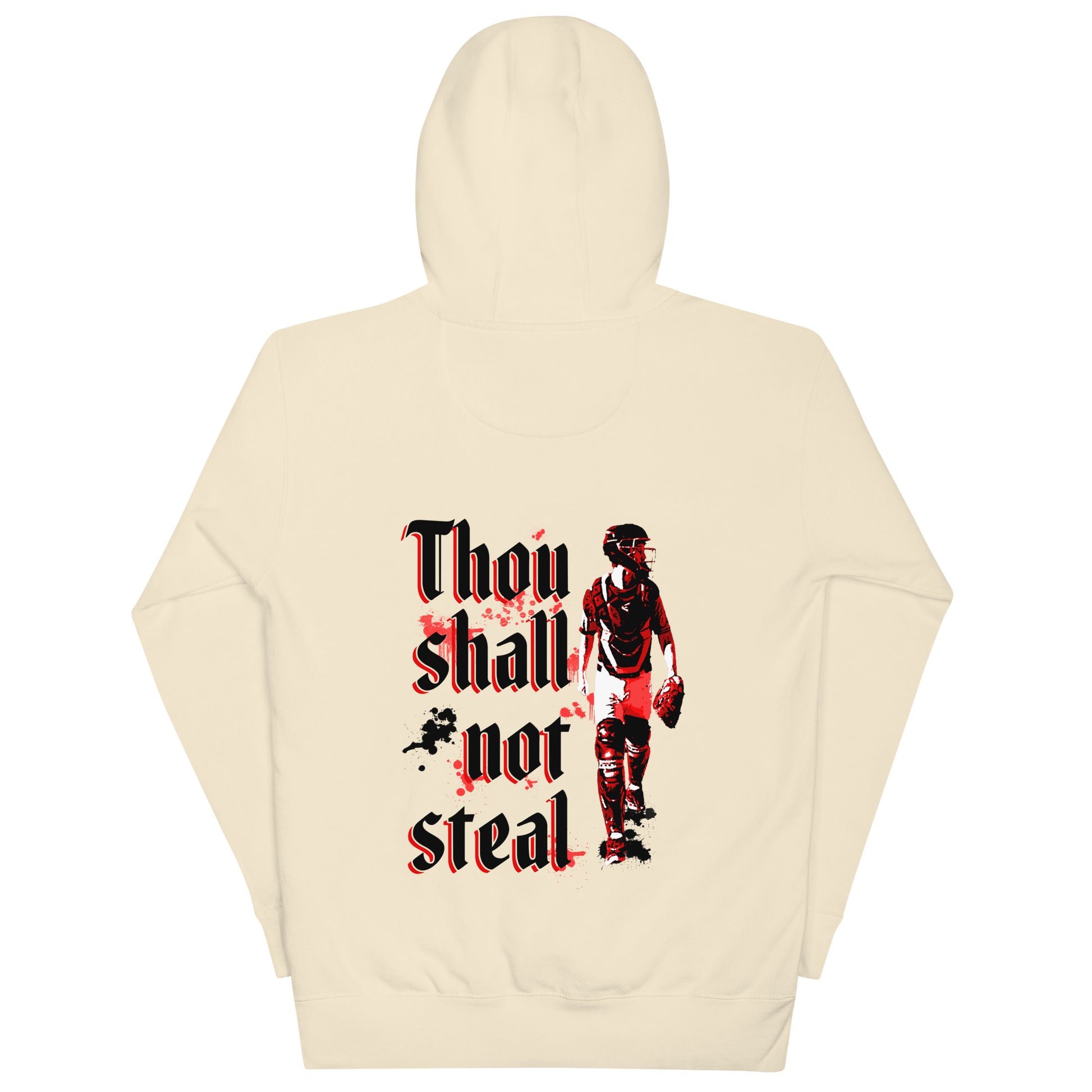 The back of the bone tan hoodie featuring a Bible verse text and catcher graphic.