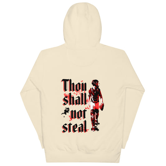 The back of the bone tan hoodie featuring a Bible verse text and catcher graphic.