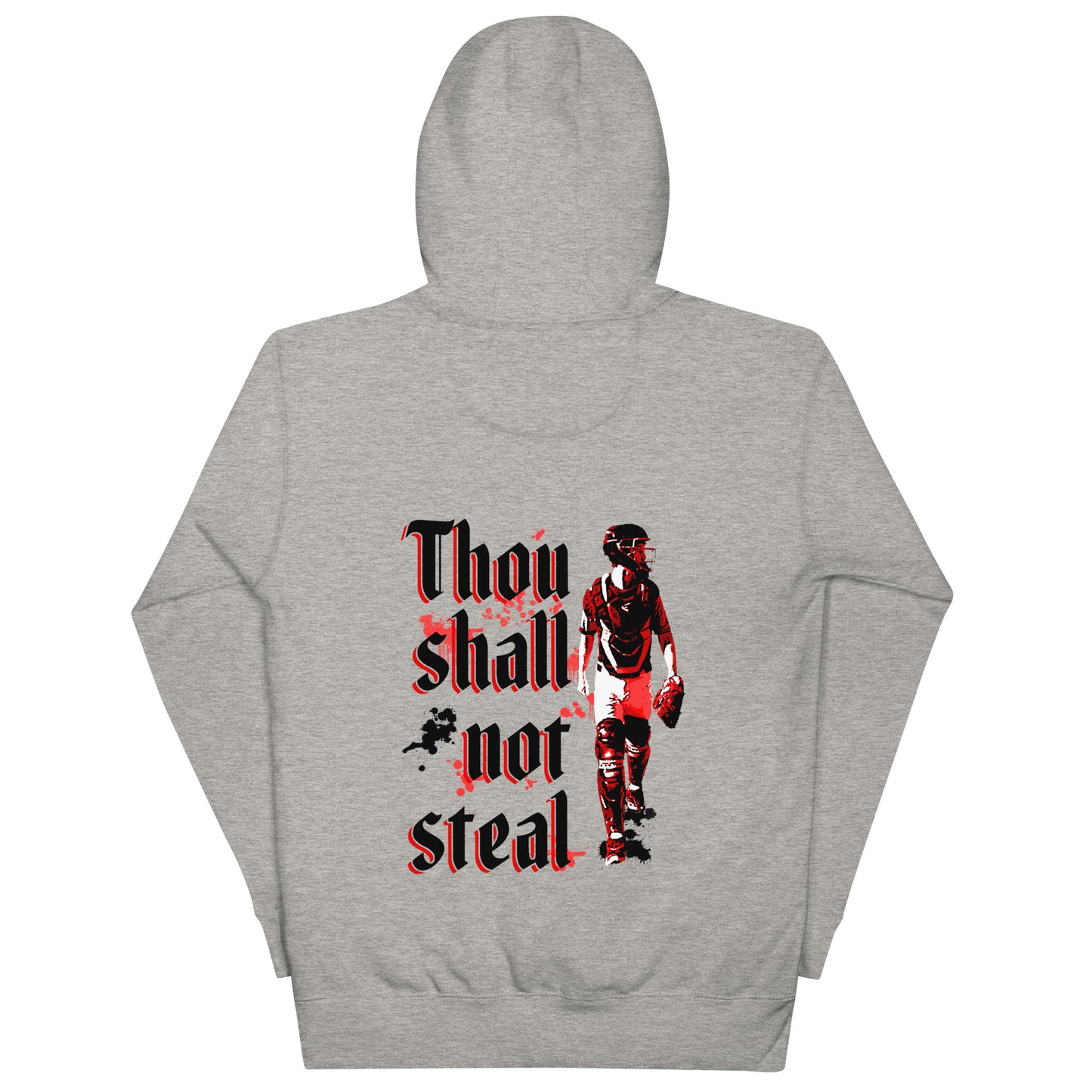 The back of the carbon gray hoodie featuring a Bible verse text and catcher graphic.
