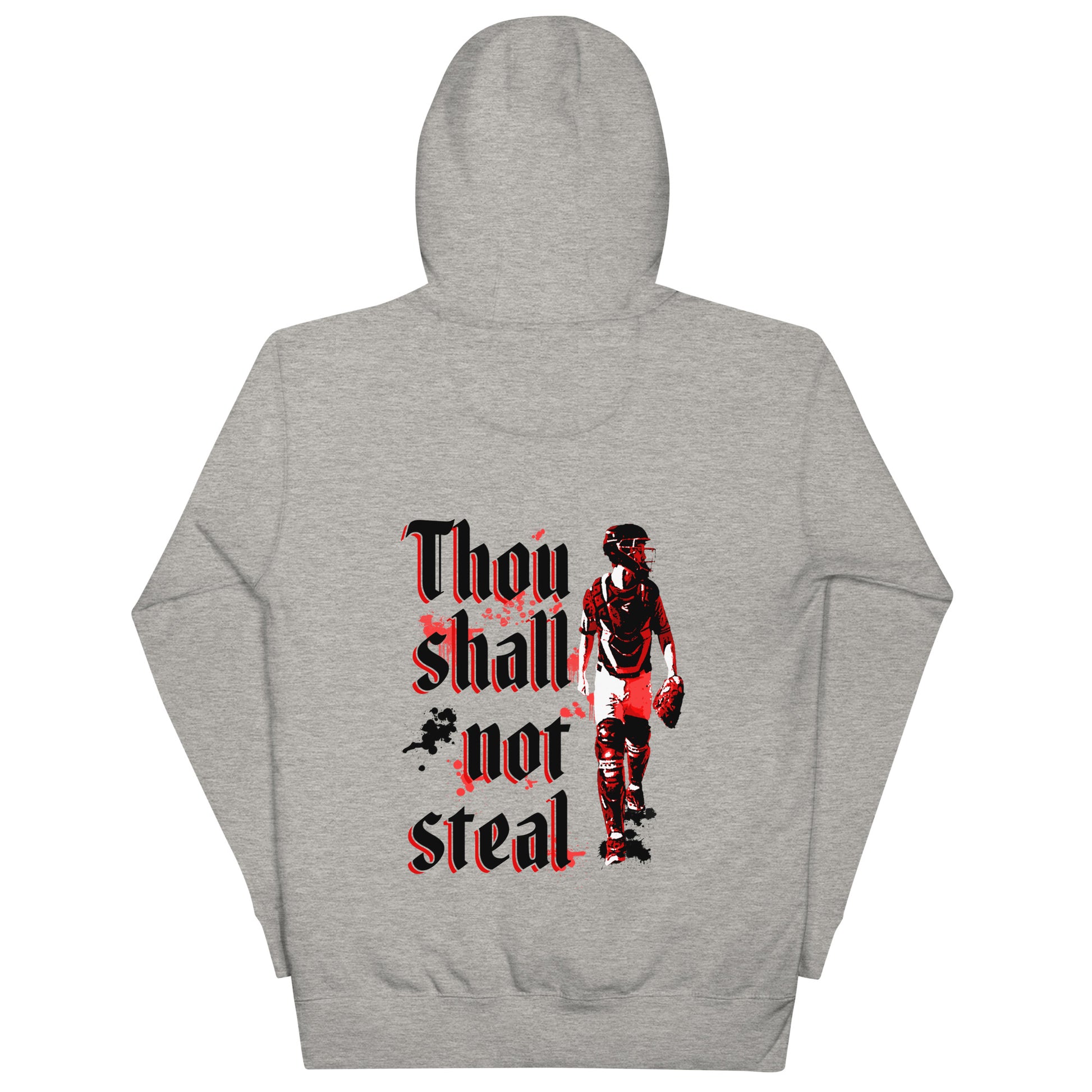 The back of the carbon gray hoodie featuring a Bible verse text and catcher graphic.
