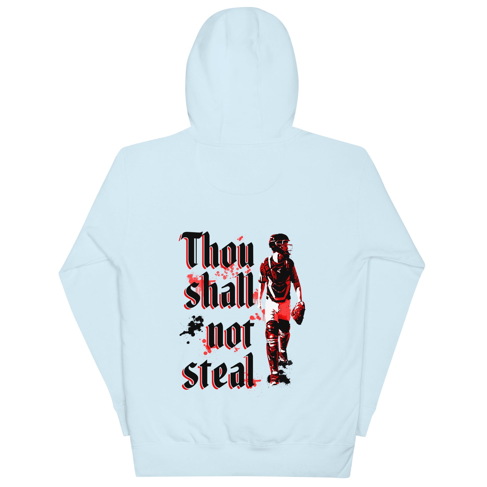 The back of the sky blue hoodie featuring a Bible verse text and catcher graphic.