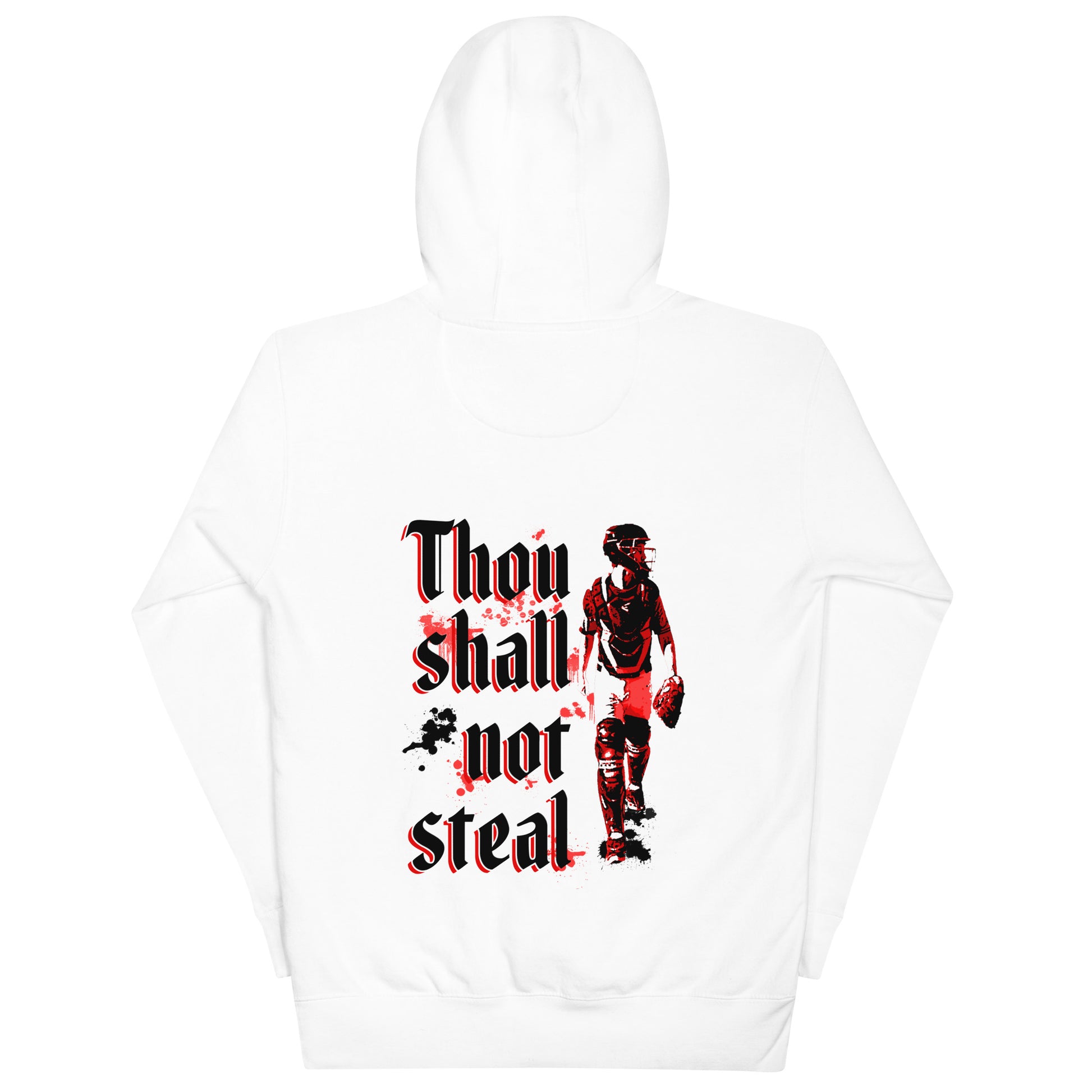 The back of the white hoodie featuring a Bible verse text and catcher graphic.