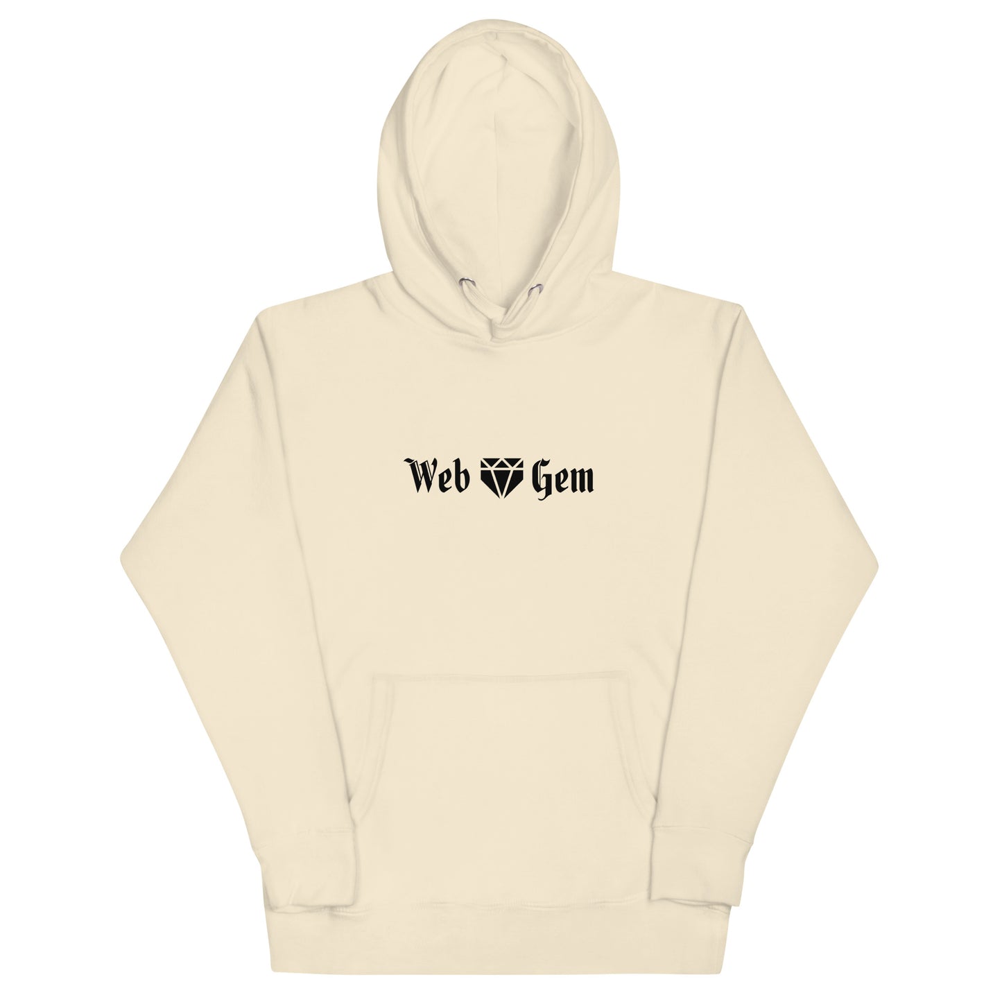 The front of the bone tan Thou Shall Not Steal baseball hoodie featuring a gothic script Web Gem logo.