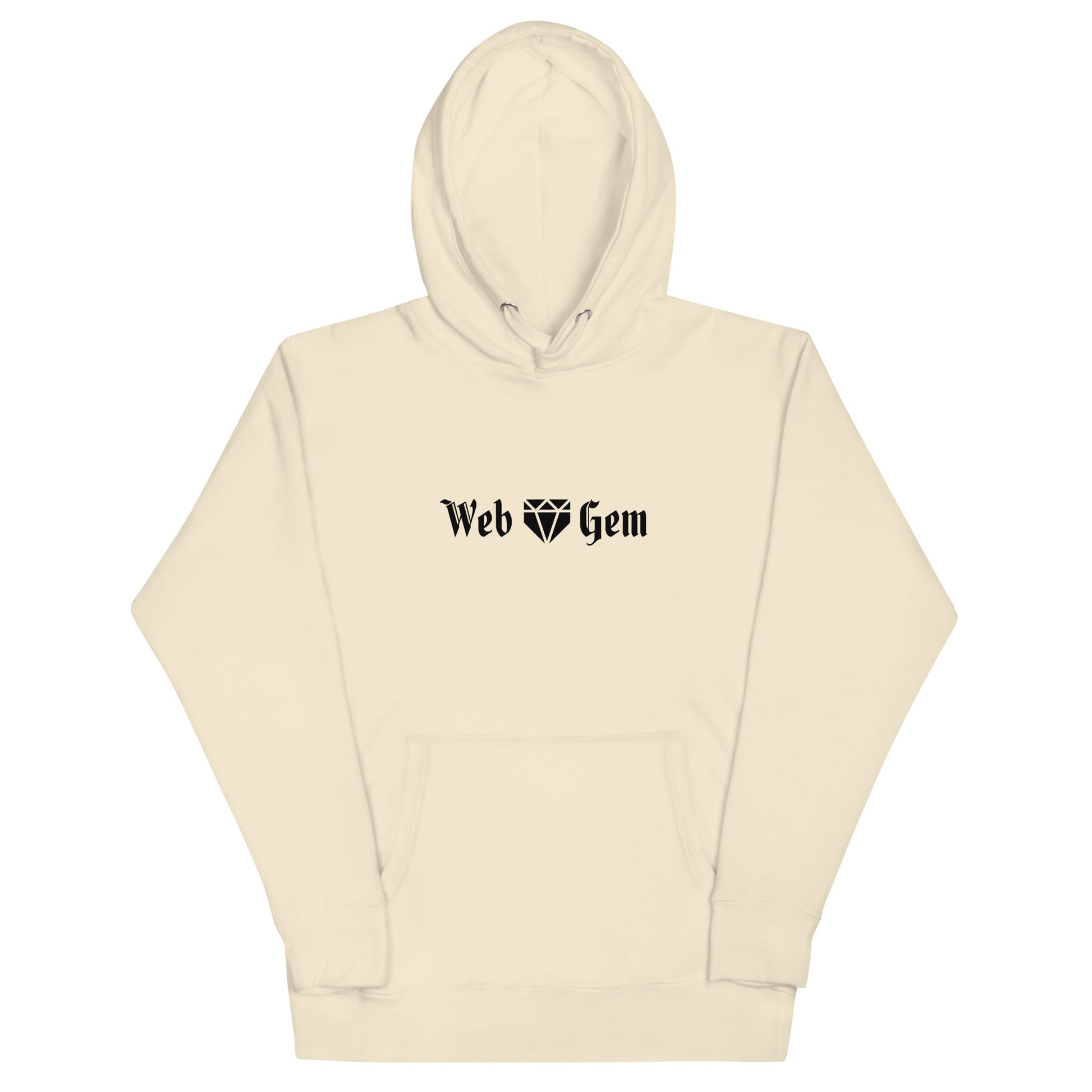 The front of the bone tan Thou Shall Not Steal baseball hoodie featuring a gothic script Web Gem logo.