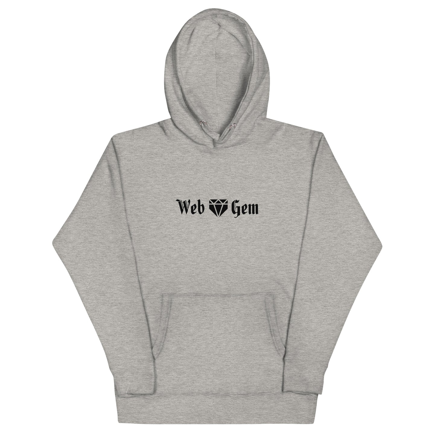 The front of the carbon gray Thou Shall Not Steal baseball hoodie featuring a gothic script Web Gem logo.