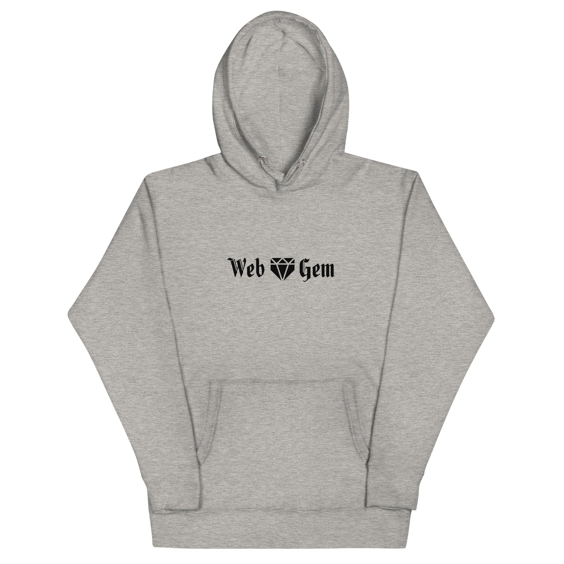The front of the carbon gray Thou Shall Not Steal baseball hoodie featuring a gothic script Web Gem logo.