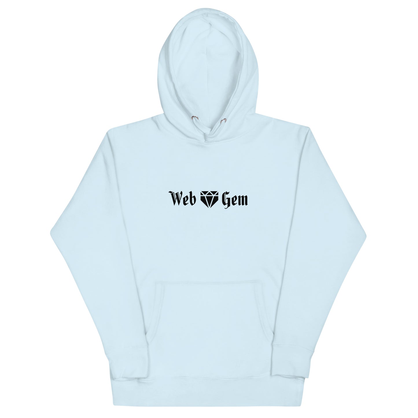 The front of the sky blue Thou Shall Not Steal baseball hoodie featuring a gothic script Web Gem logo.