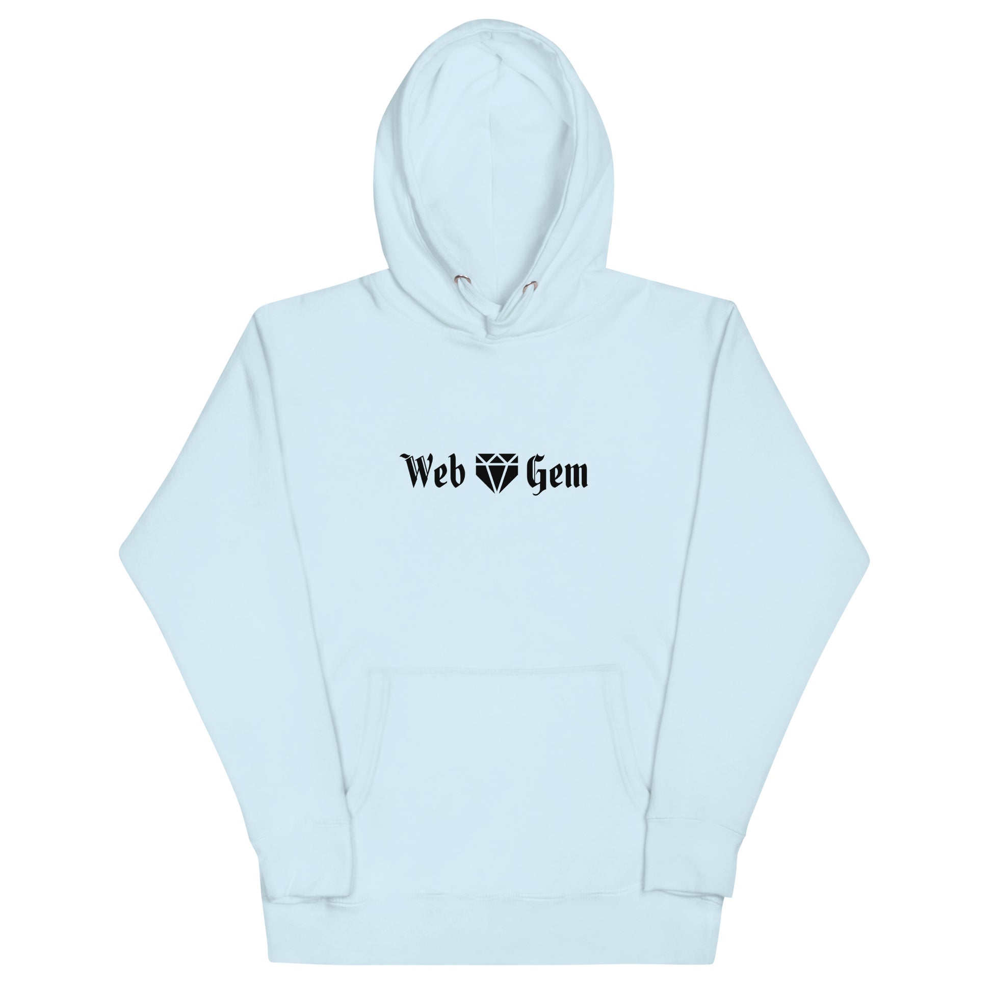 The front of the sky blue Thou Shall Not Steal baseball hoodie featuring a gothic script Web Gem logo.