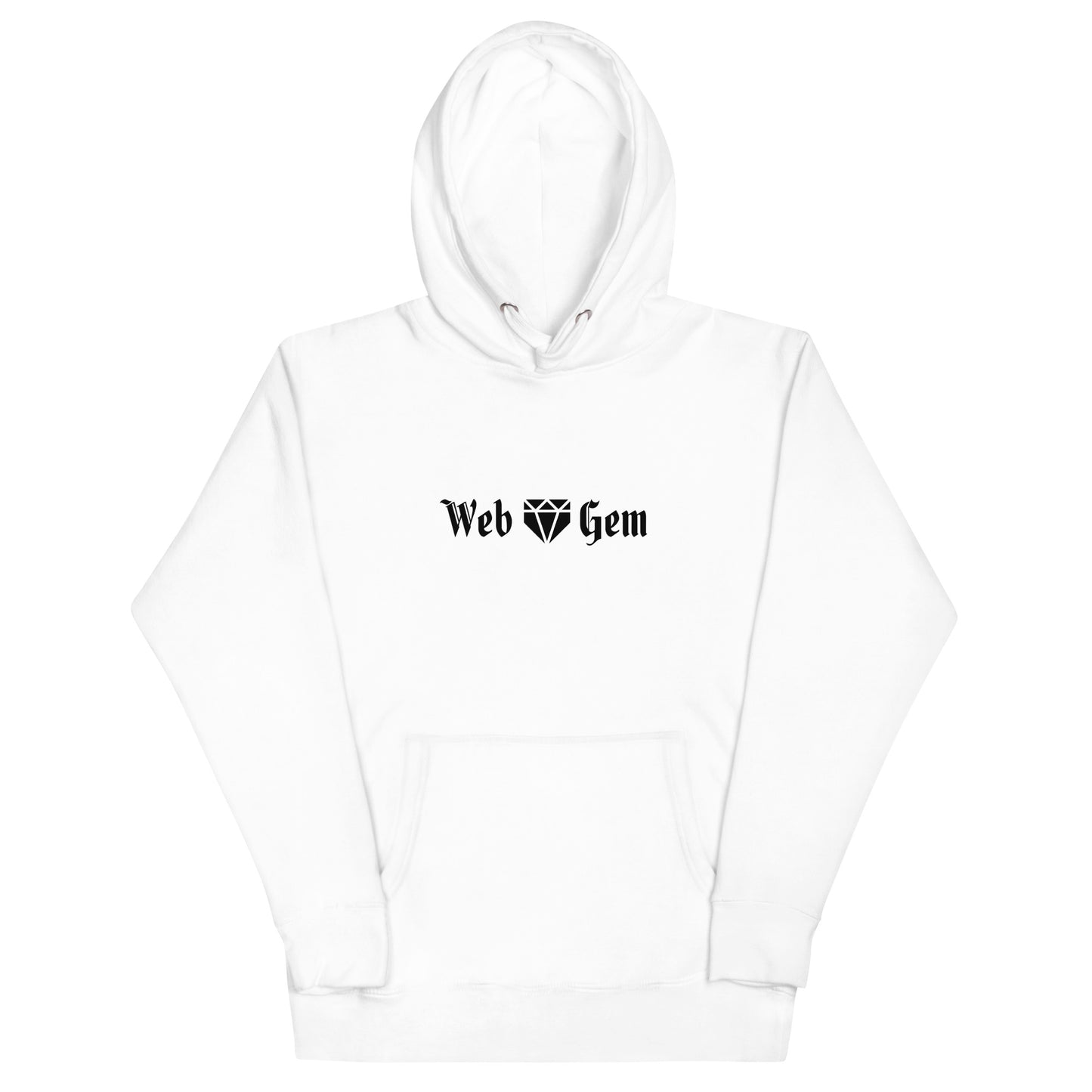 The front of the white Thou Shall Not Steal baseball hoodie featuring a gothic script Web Gem logo.