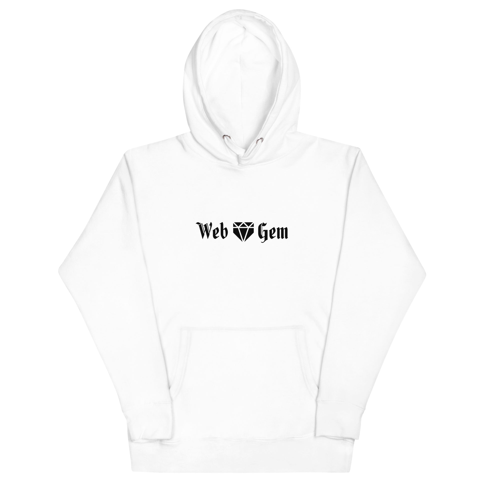 The front of the white Thou Shall Not Steal baseball hoodie featuring a gothic script Web Gem logo.