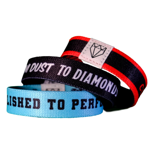 Photo of a group of three elastic double-sided baseball wristbands from Web Gem Apparel.