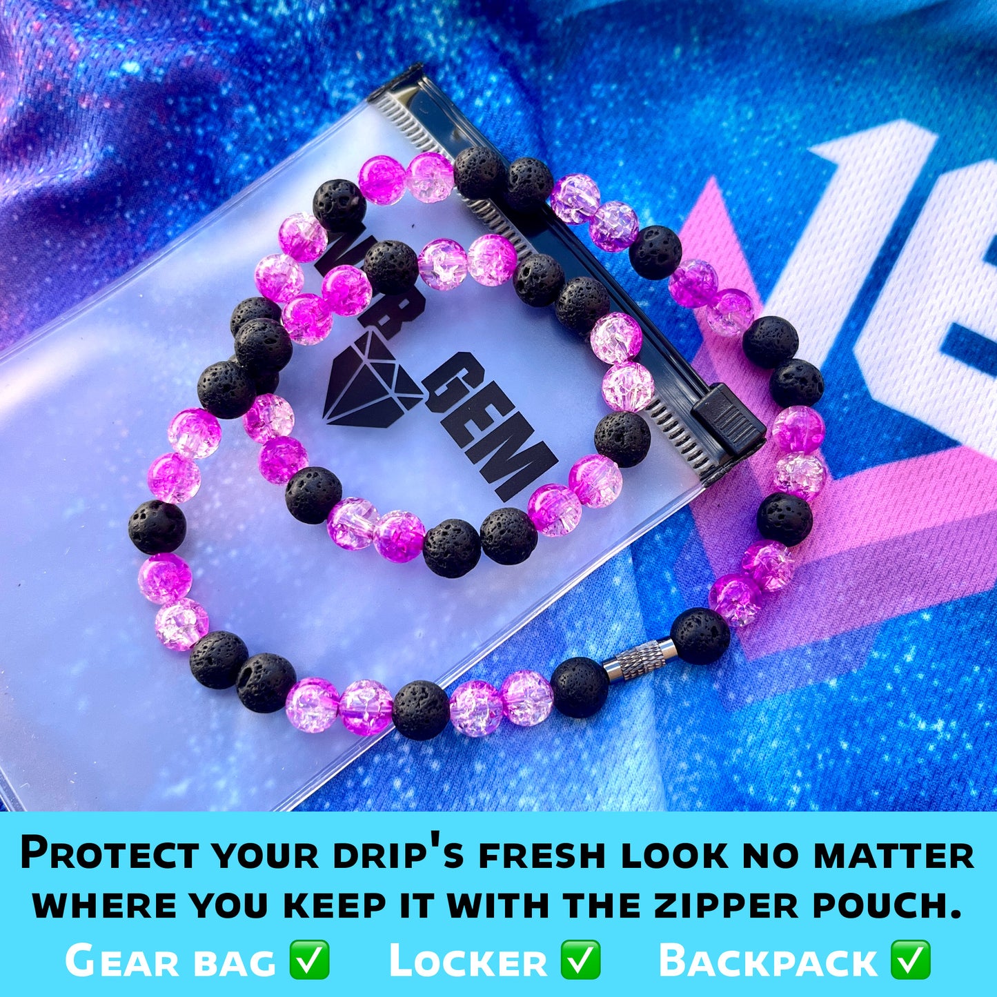 Venom inside the reusable zipper bag with Web Gem Apparel logo for storing game-day drip.