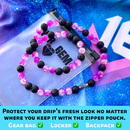 Venom inside the reusable zipper bag with Web Gem Apparel logo for storing game-day drip.
