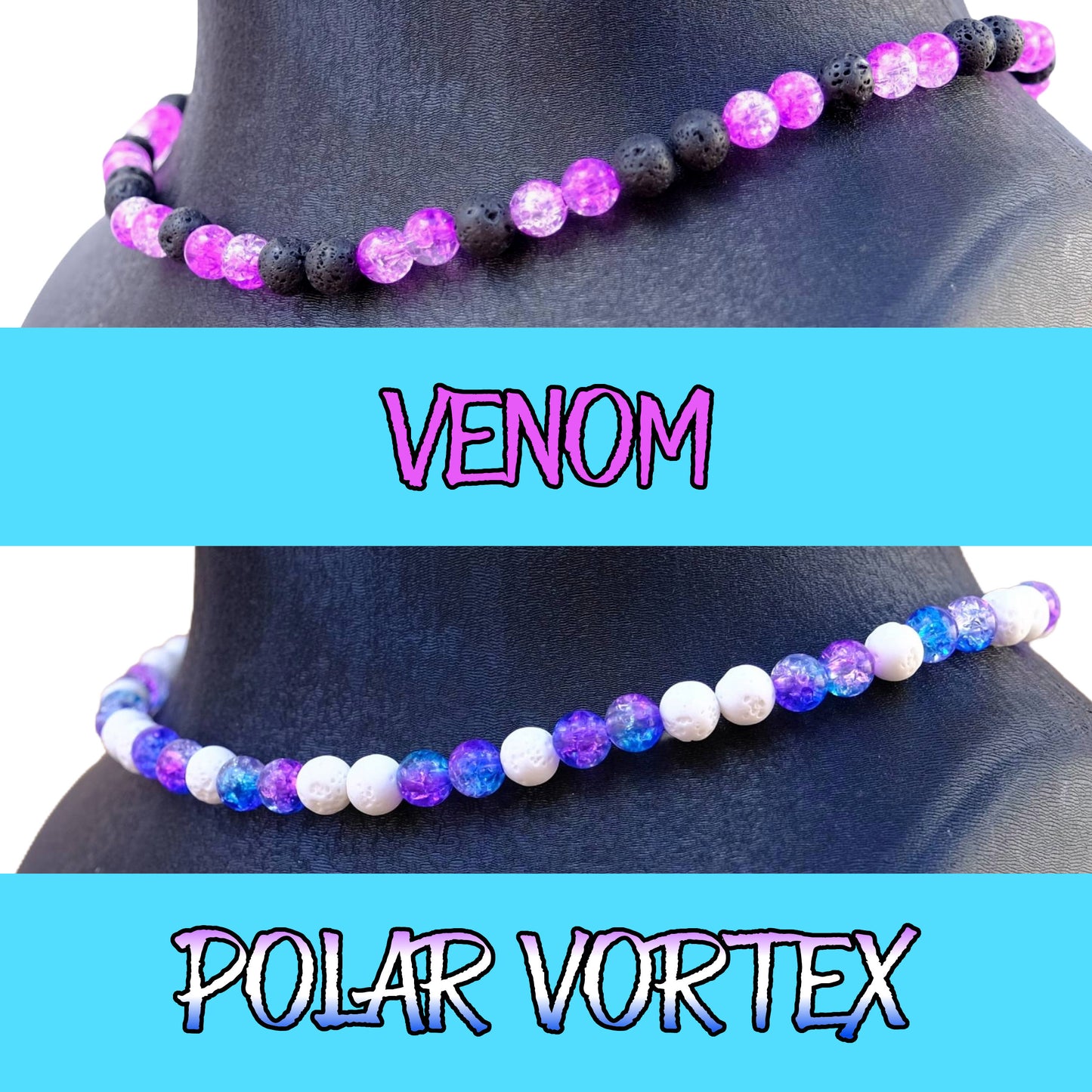 Venom and Polar Vortex baseball game-day necklace colorway showcase.