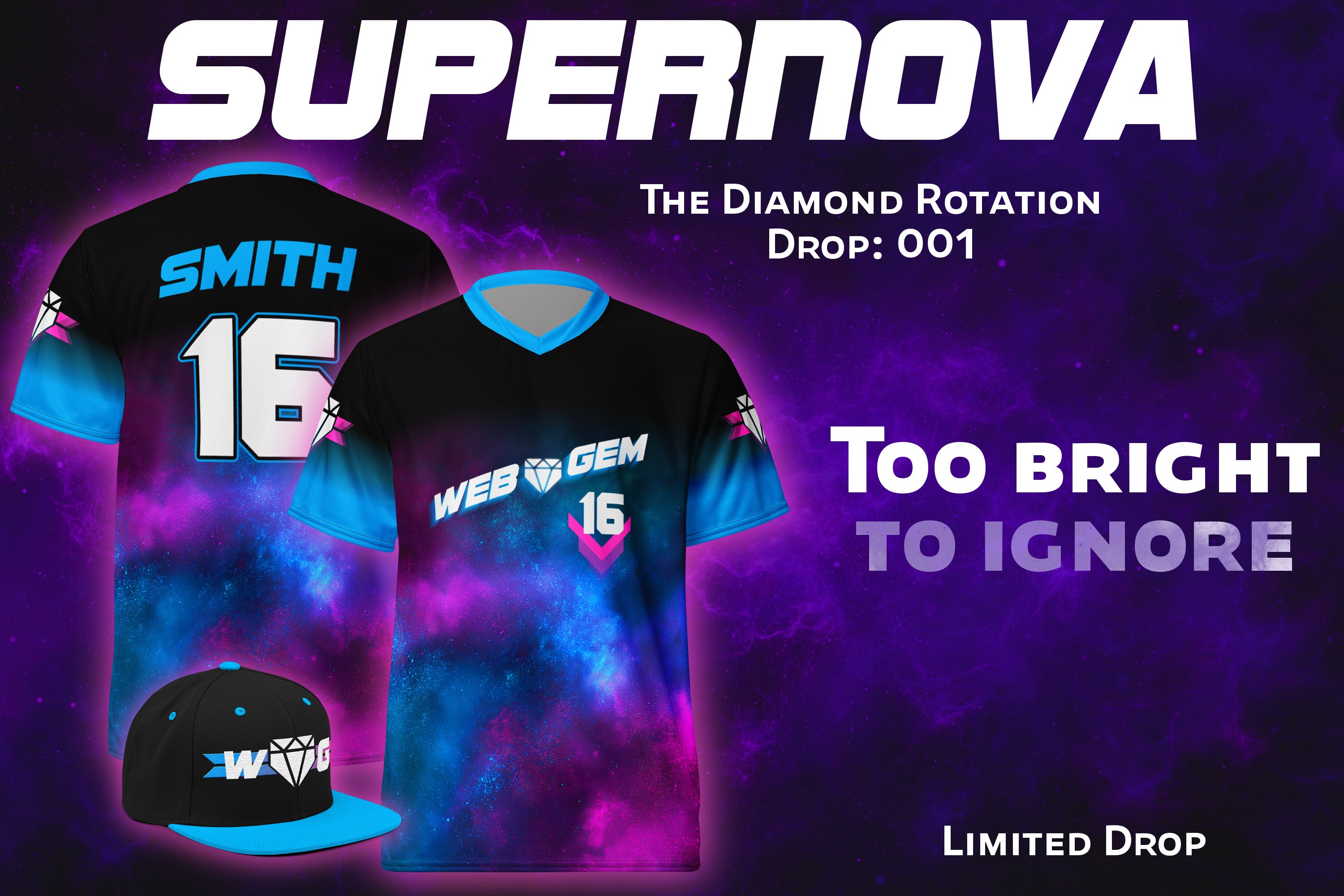 The hero banner for the Supernova Collection from the Diamond Rotation Series, showcasing the front and back of the baseball jersey and the snapback hat over a galaxy background.