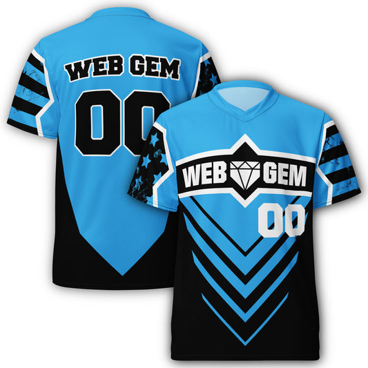 Custom Web Gem Baseball Jersey - black and blue jersey for kids, teens, and adult players.