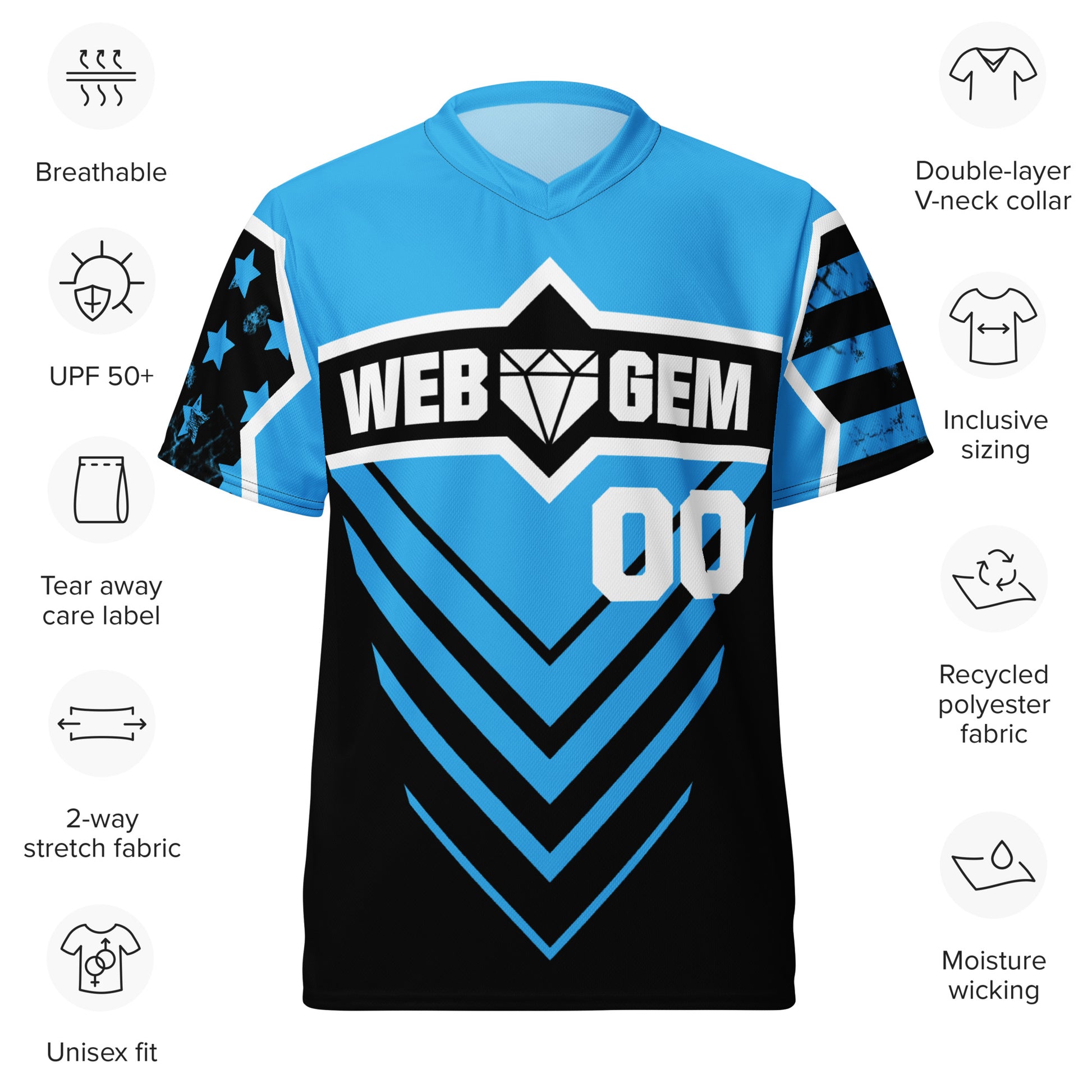 Product details of the Web Gem Baseball Jersey including breathable design and UPF50+ protection.
