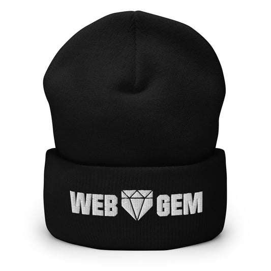 The black Web Gem beanie with embroidered logo made from knit acrylic fiber for repping baseball in cold weather.