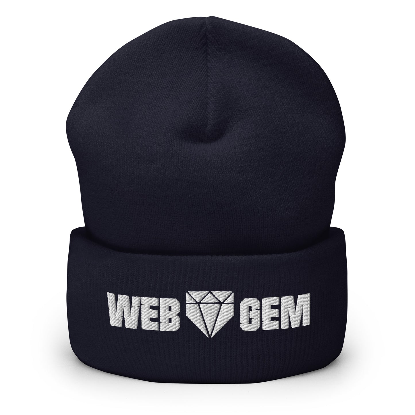 The navy Web Gem beanie with embroidered logo made from knit acrylic fiber for repping baseball in cold weather.