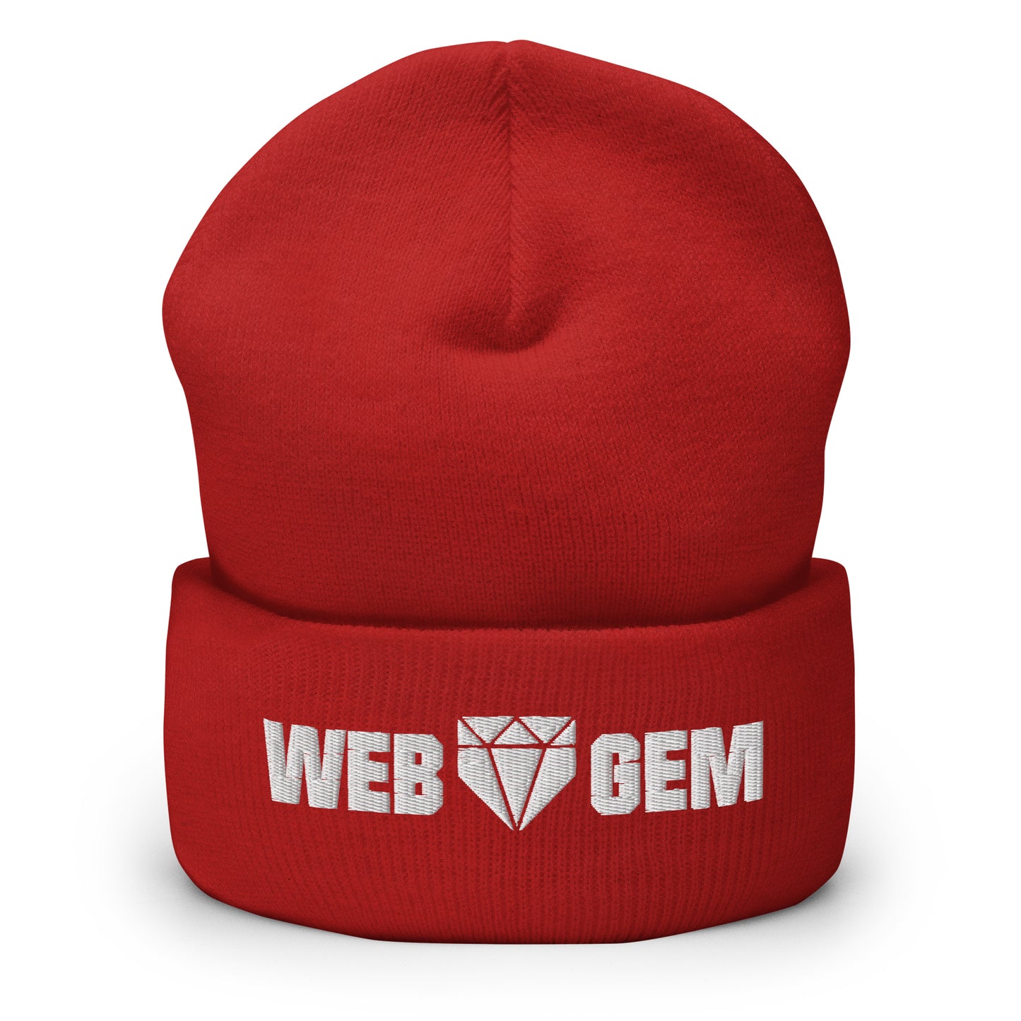 The red Web Gem beanie with embroidered logo made from knit acrylic fiber for repping baseball in cold weather.