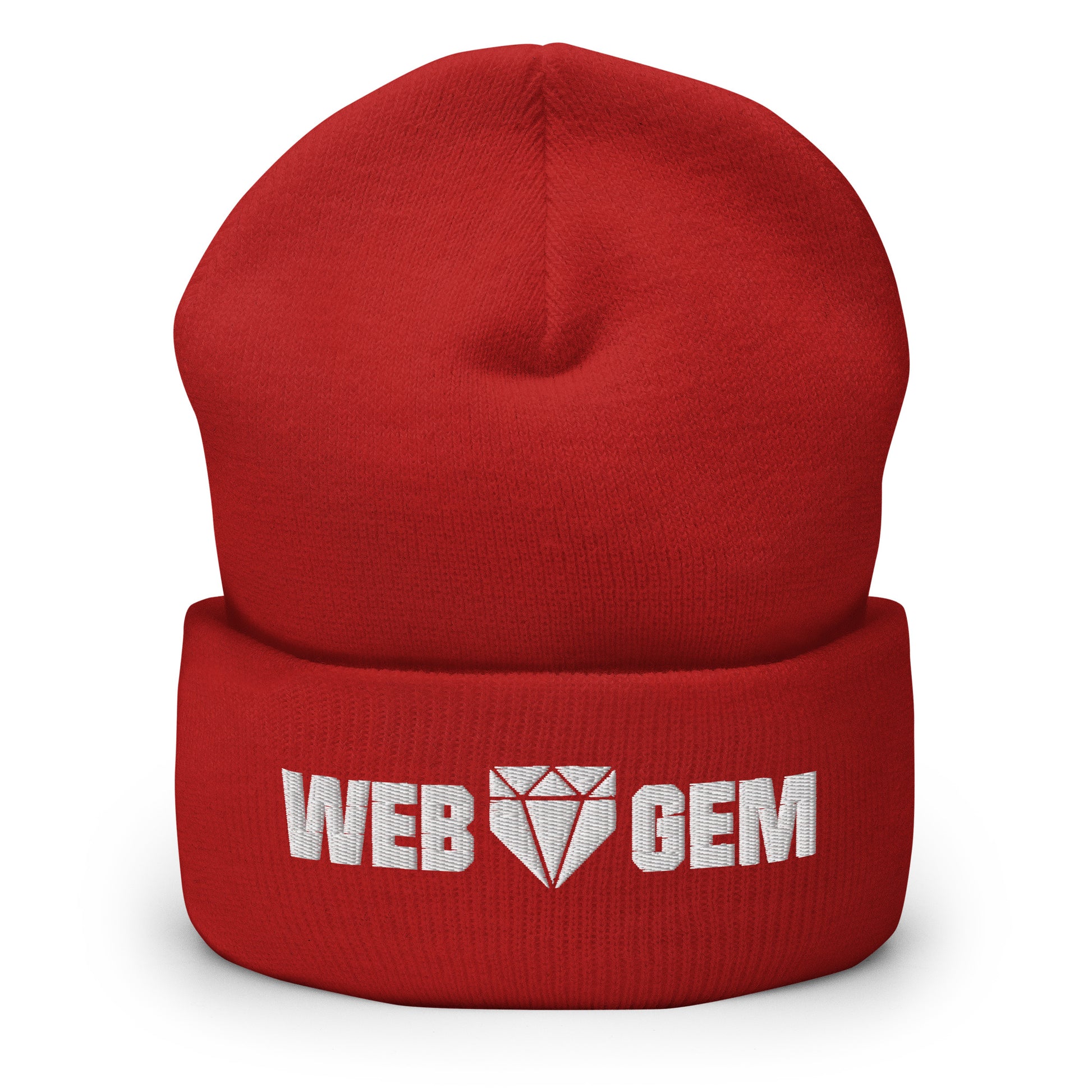 The red Web Gem beanie with embroidered logo made from knit acrylic fiber for repping baseball in cold weather.