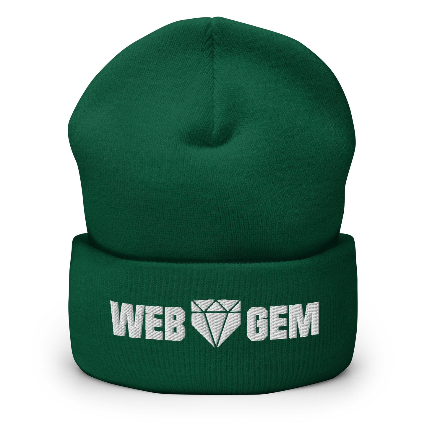 The spruce green Web Gem beanie with embroidered logo made from knit acrylic fiber for repping baseball in cold weather.