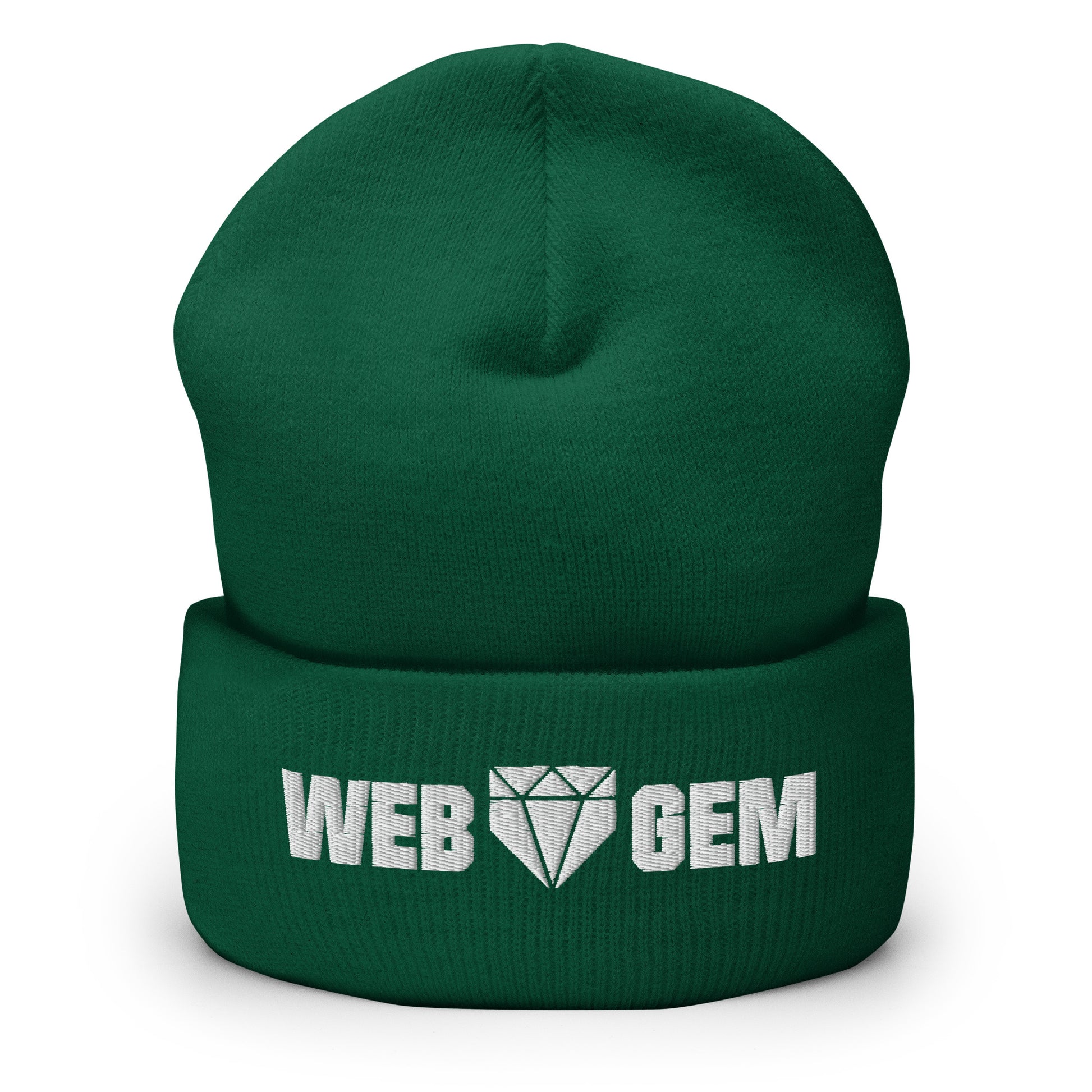 The spruce green Web Gem beanie with embroidered logo made from knit acrylic fiber for repping baseball in cold weather.