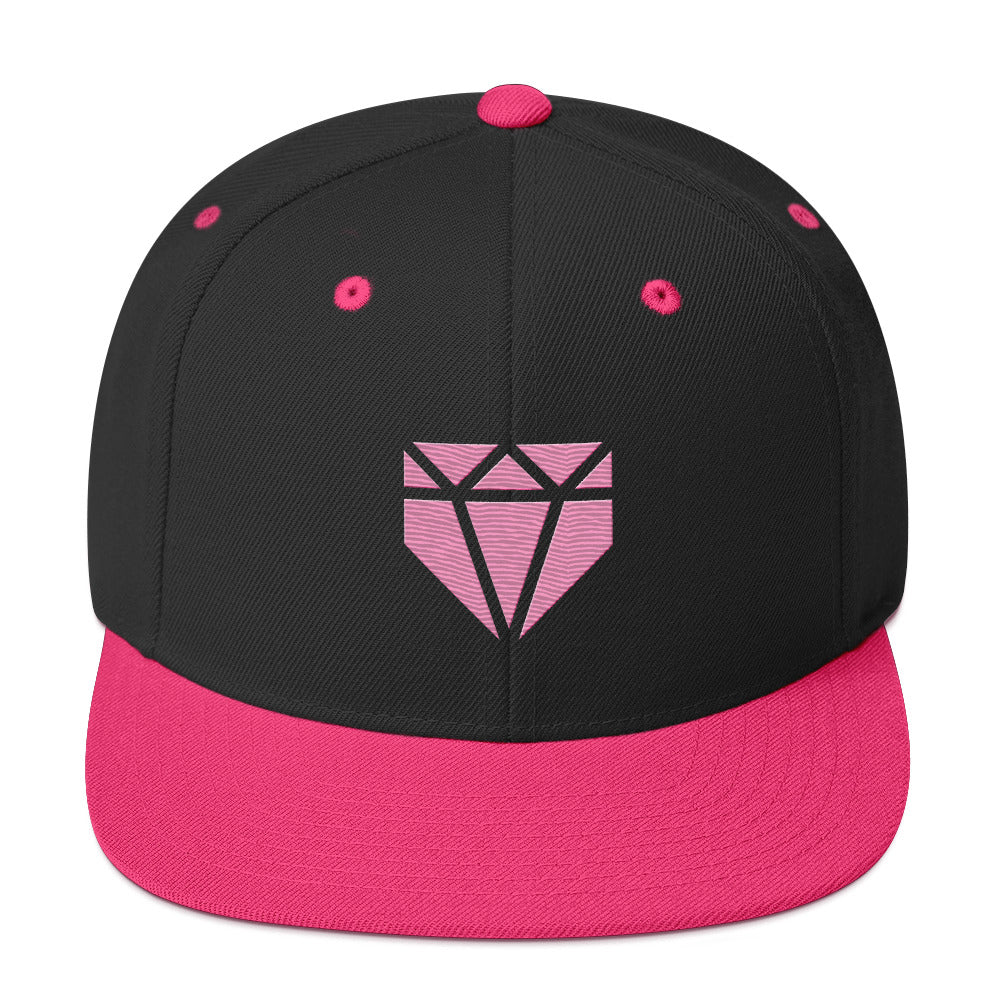 Pink Web Gem Snapback Baseball Hat - a black, high-profile hat with a pink logo and pink flat-brim for kids, teens, and adult players.
