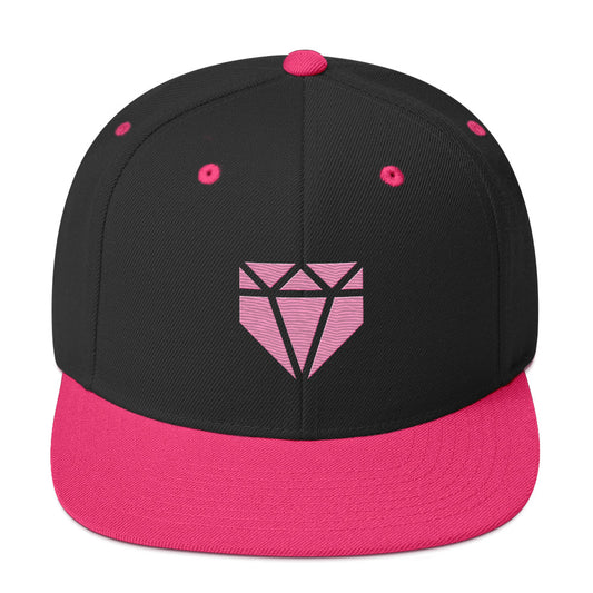 Pink Web Gem Snapback Baseball Hat - a black, high-profile hat with a pink logo and pink flat-brim for kids, teens, and adult players.